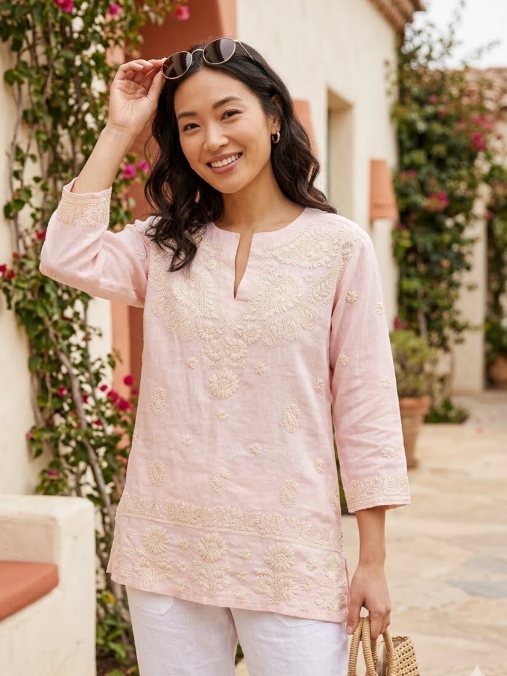Neiman Marcus Exclusive Embroidered Tunic Soft Pink Linen Timeless Quiet Luxury